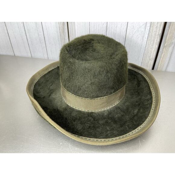 Halston 1970's Green Vintage Women’s Soft Retro Plush Rim Hat 70s Disco Boho - Picture 1 of 5